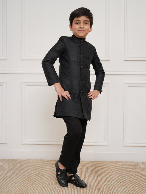 Boy's Black Sherwani And Pyjama Set